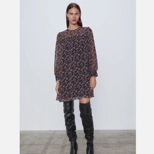 Zara Black Floral Print Chiffon Dress S